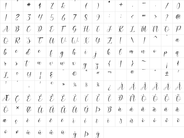 Gilbertho Regular  glyph index