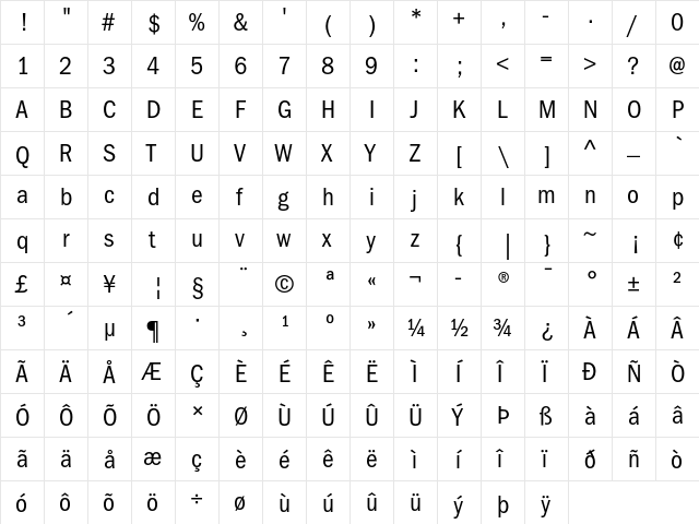 ITC Franklin Gothic Book Condensed  glyph index