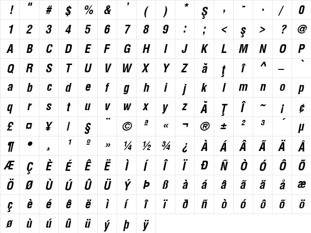 HelveticaCondensed Bold Italic  glyph index