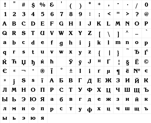 KorinnaBlackCTT Regular  glyph index