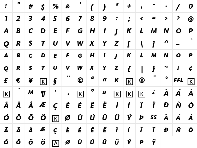 Kievit Italic  glyph index