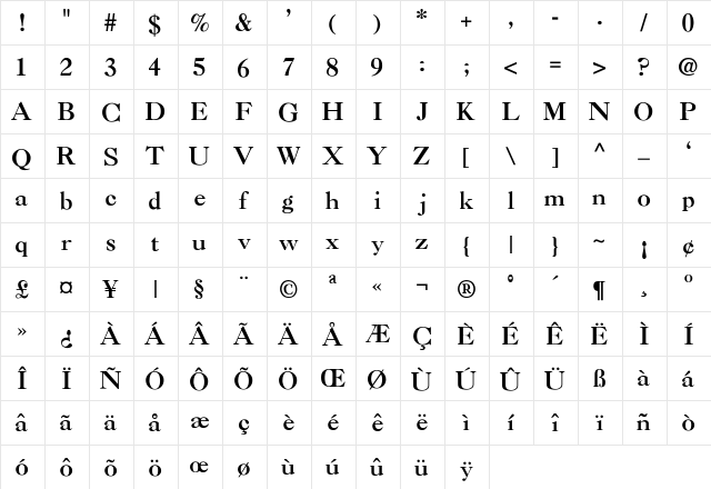 Caslon-Bold Regular  glyph index