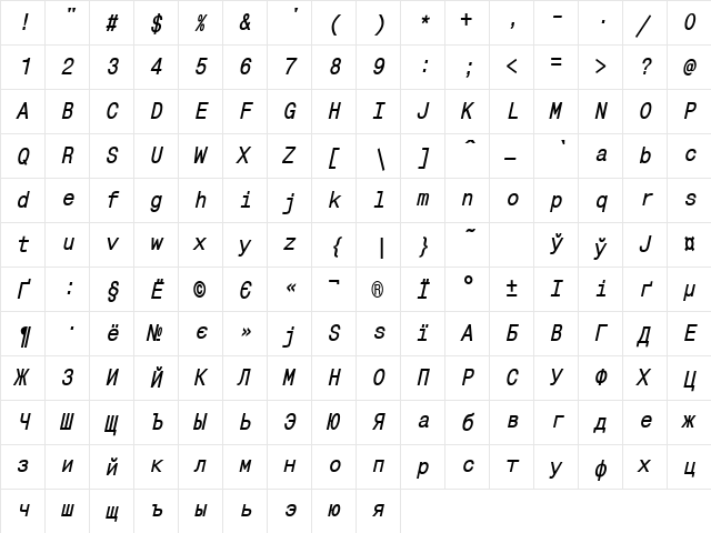 MonoCondensedC Bold Italic  glyph index