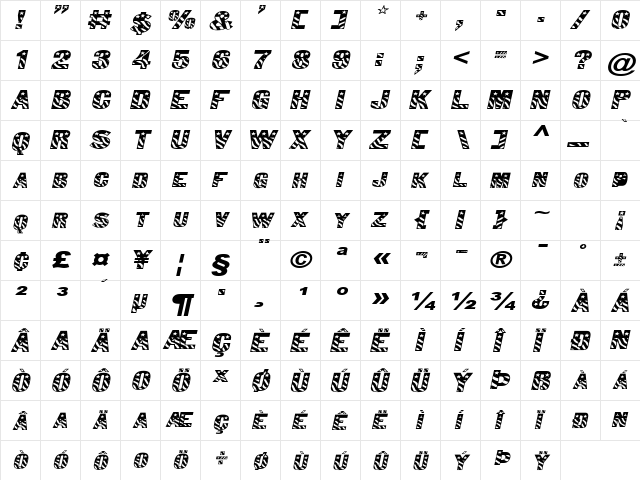 Bunting 1Extended Italic  glyph index