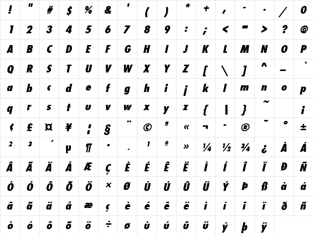 FunctionCondLH Bold Italic  glyph index