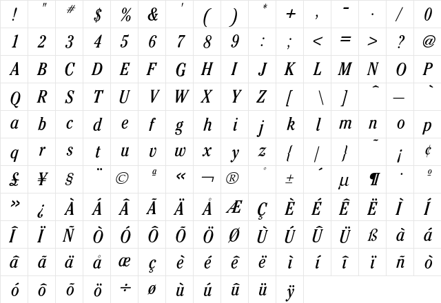 Cheltenham CondBookItalic  glyph index