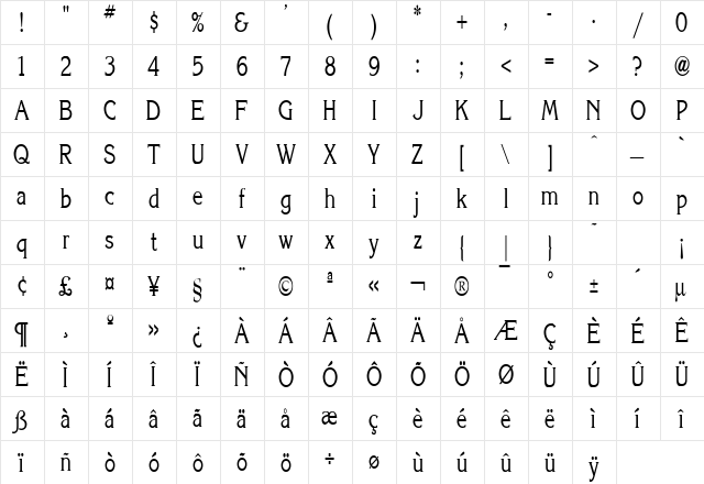 Keira Thin Normal  glyph index