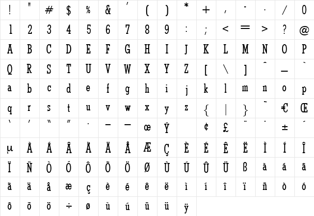 QuarterMedium Regular  glyph index