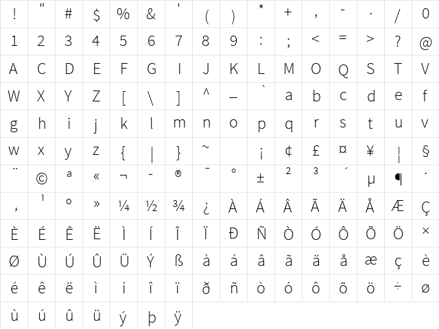 Source Sans Pro Light Regular  glyph index