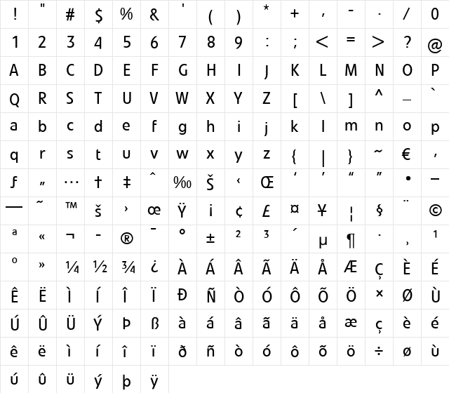 LTVeto Regular Regular  glyph index