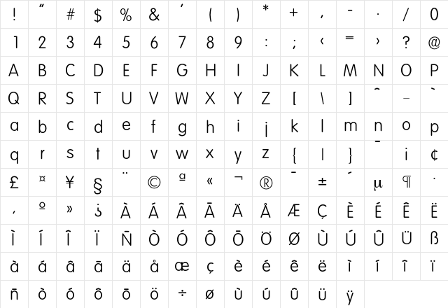 Volkswagen-Light Regular  glyph index