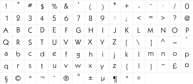 KabelC Book Regular  glyph index