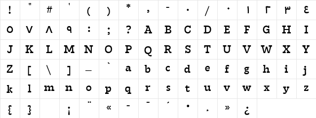 Tarif Arabic Medium  glyph index