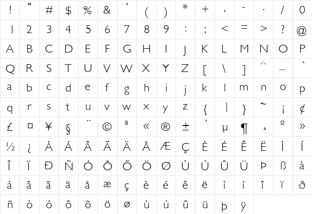GarrisonSans-Light Regular  glyph index
