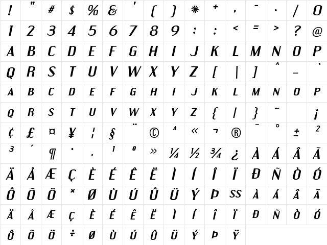 Engebrechtre Expanded Bold Italic  glyph index