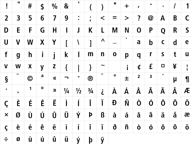 Frutiger LT Std 67 Bold Condensed  glyph index