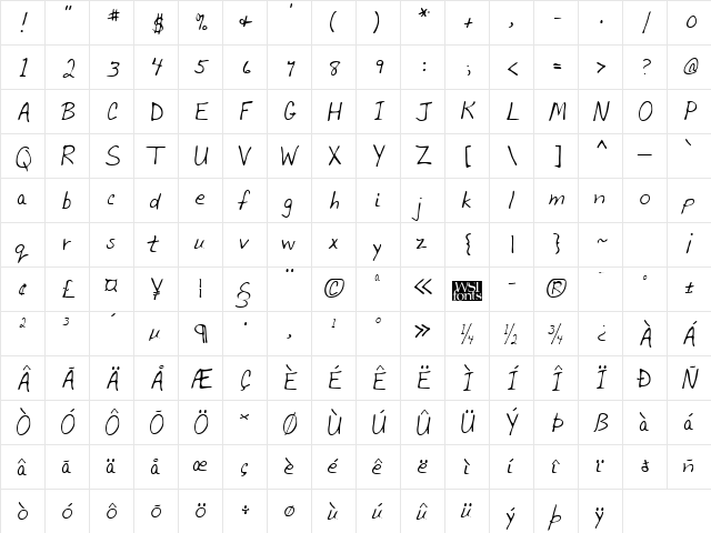 BerylsHand Regular  glyph index