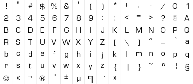 Europe Regular  glyph index