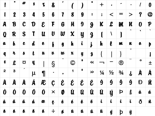 Brisk Extended Bold  glyph index