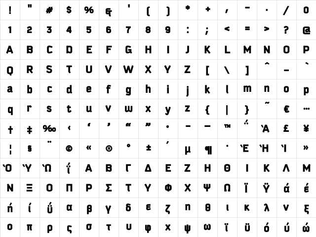 Kautiva Greek Black Regular  glyph index