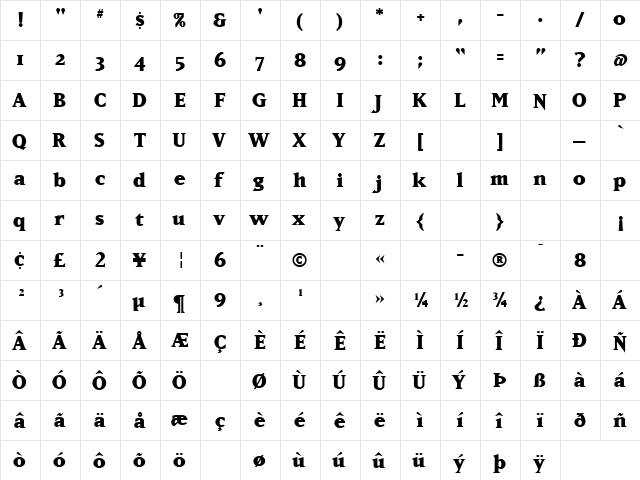 MatrixExtraBold Regular  glyph index