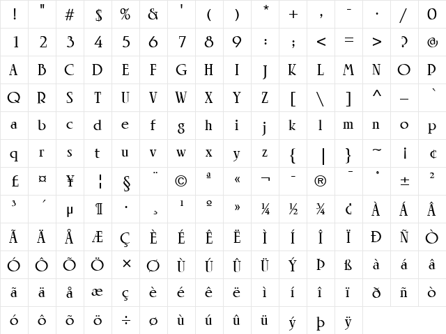 LTRowena Light Bold  glyph index