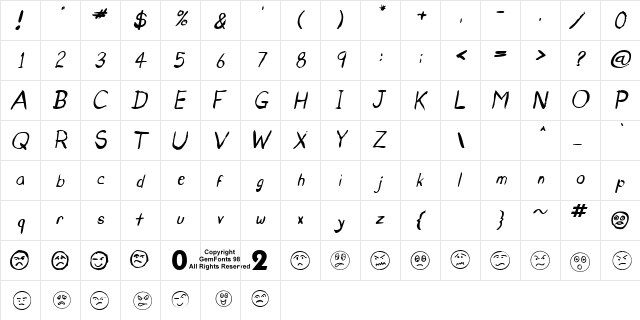Untidy Italic Skrawl Regular  glyph index