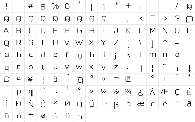 Cuatra Light  glyph index