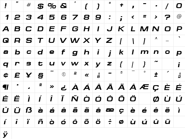 MinimaExpandedSSK Bold Italic  glyph index