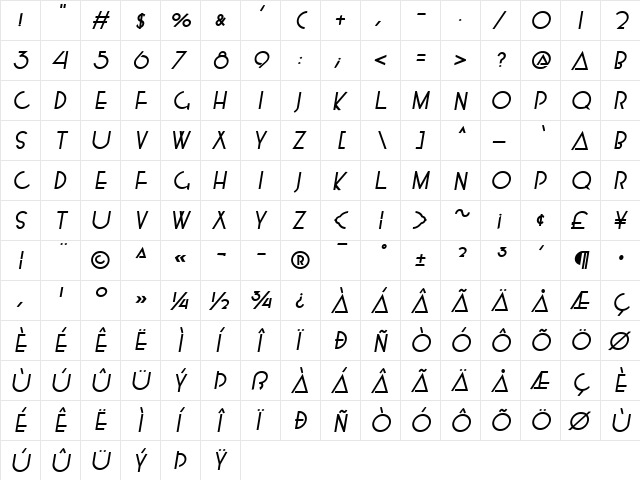 Montana Bold-Oblique  glyph index