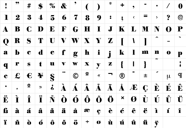 BodoniSerial-Heavy Regular  glyph index