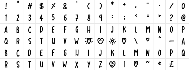 Lovehearts XYZ Regular  glyph index
