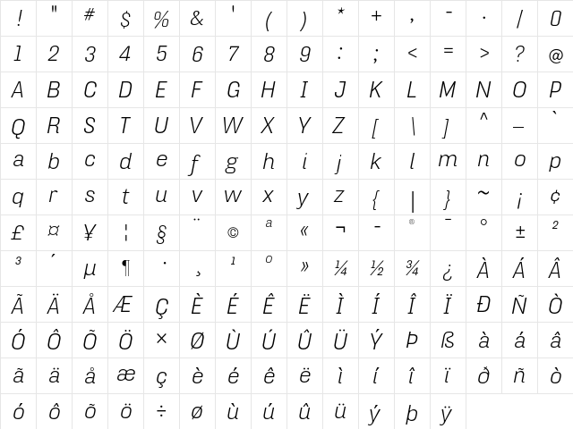 HydraText-LightItalic Regular  glyph index
