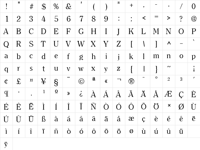 Clarity Serif SF Regular  glyph index