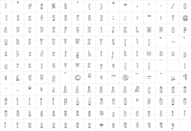 ColonelOutline Regular  glyph index