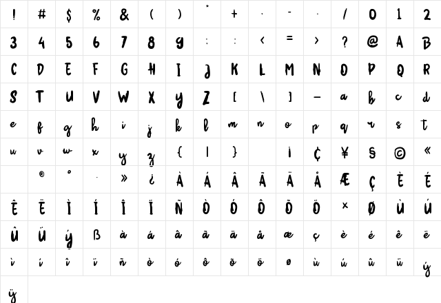 Hikata Regular  glyph index
