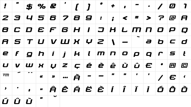 Tektrron Regular  glyph index