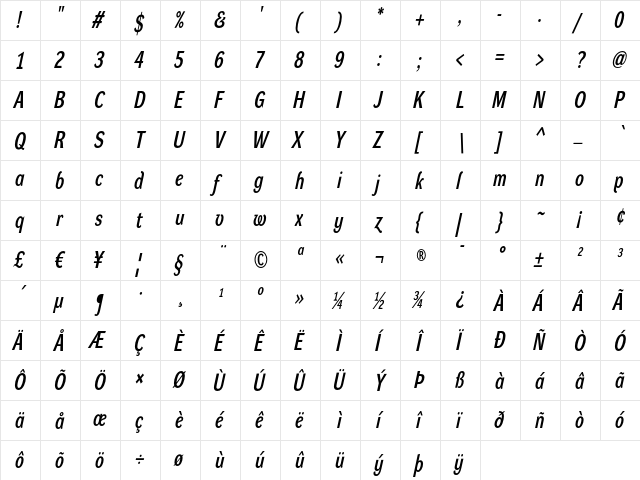 DynaGrotesk LC Bold Italic  glyph index