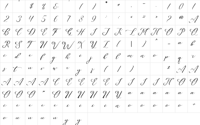 Leslie Dawn Regular  glyph index