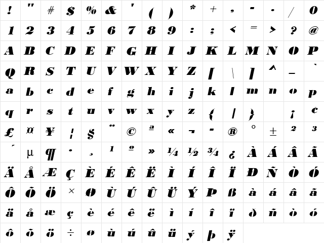 URWBodoniDExtBolWid Oblique  glyph index