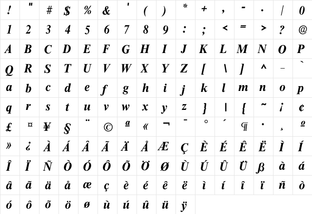 Itimes Bold  glyph index