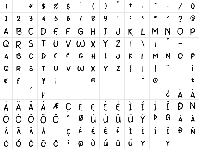 Brush Town Regular  glyph index
