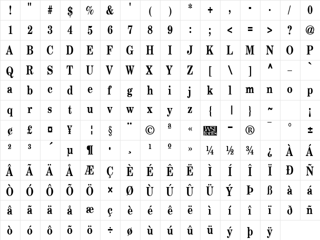 SchoolbookCond Bold  glyph index