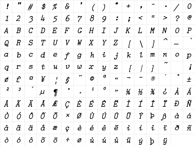 TiredOfCourier BoldItalic  glyph index