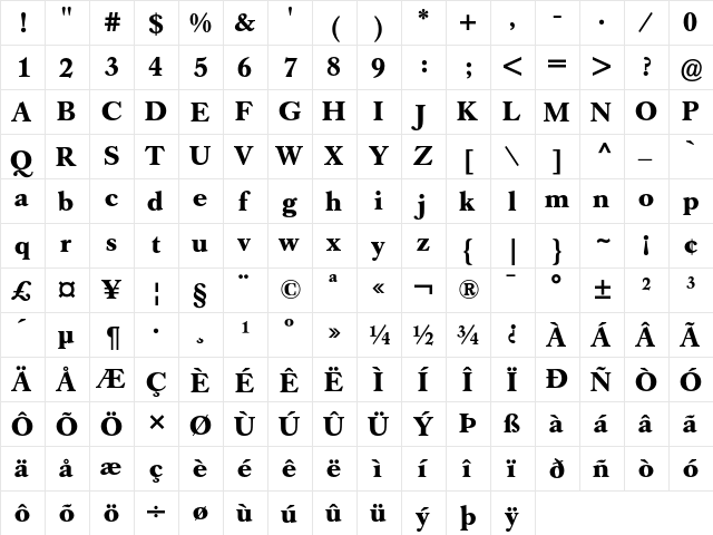 Caslon Book BE Bold  glyph index