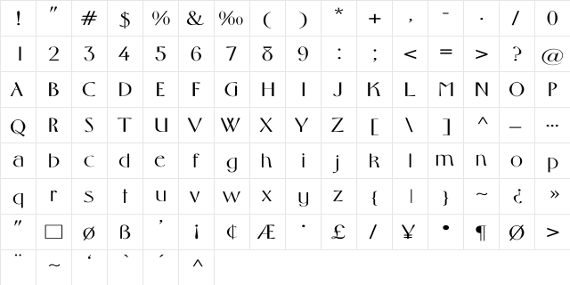 Middleton-Light Wd Regular  glyph index