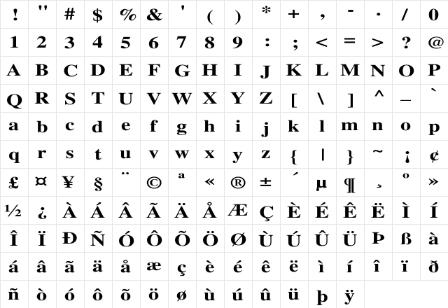 Times-Bold Wd Regular  glyph index