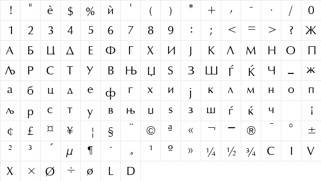 Macedonian Humanist Regular  glyph index