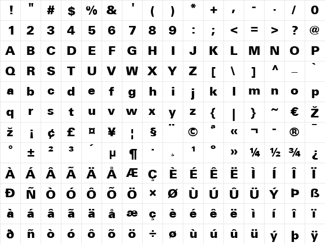Univers LT 55 Bold  glyph index