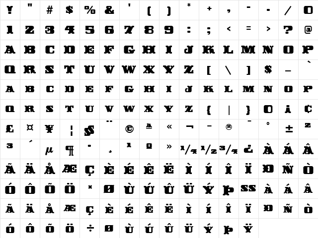 Buckeroo ITC Regular  glyph index
